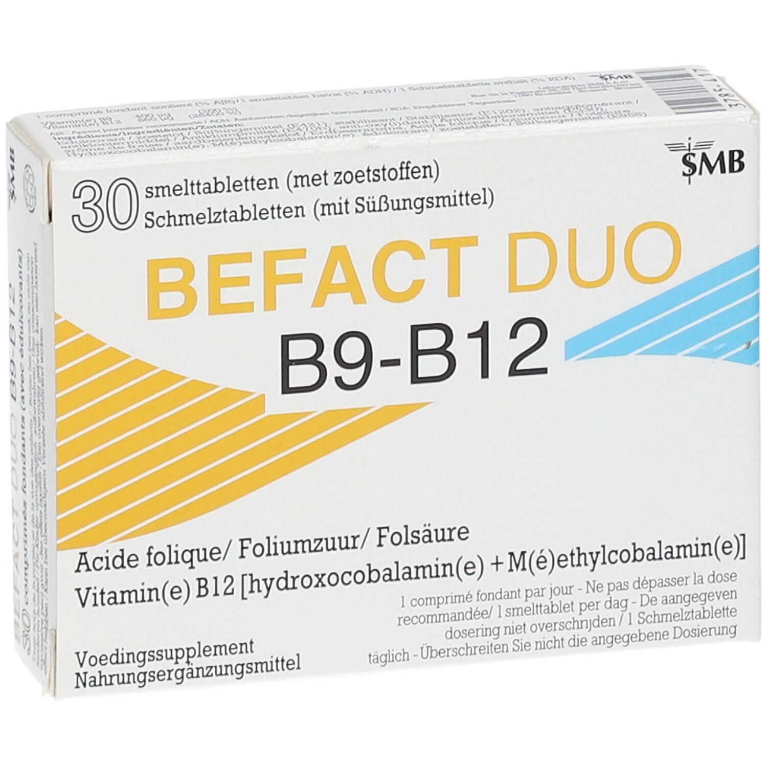 Schachtel BEFACT DUO B9-B12, 30 Schmelztabletten. Weiße Verpackung mit gelben und blauen Streifen. Aufschrift: Acide folique, Vitamin B12.