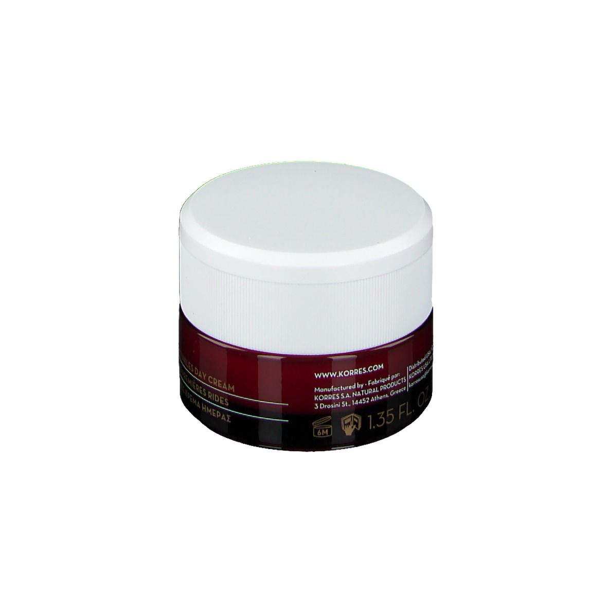 Pot de crème Korres Wild Rose, couvercle blanc, bande rouge foncé. Texte: www.korres.com, 1.35 FL OZ.