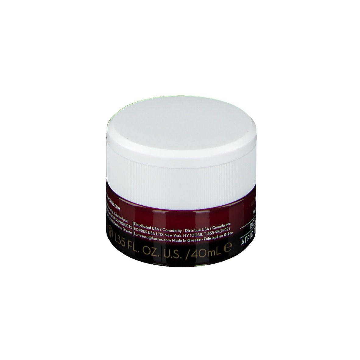 Pot de crème Korres Wild Rose, couvercle blanc, bande rouge foncé. Texte: 1.35 FL. OZ. U.S. / 40ml e.