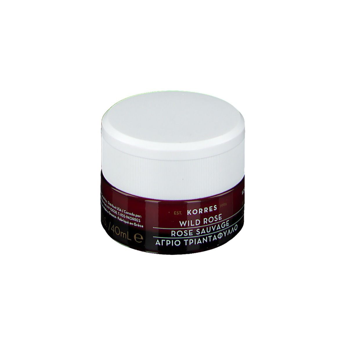 Pot de crème Korres Wild Rose, couvercle blanc, bande rouge foncé. Texte: Wild Rose Rose Sauvage, 40ml e.