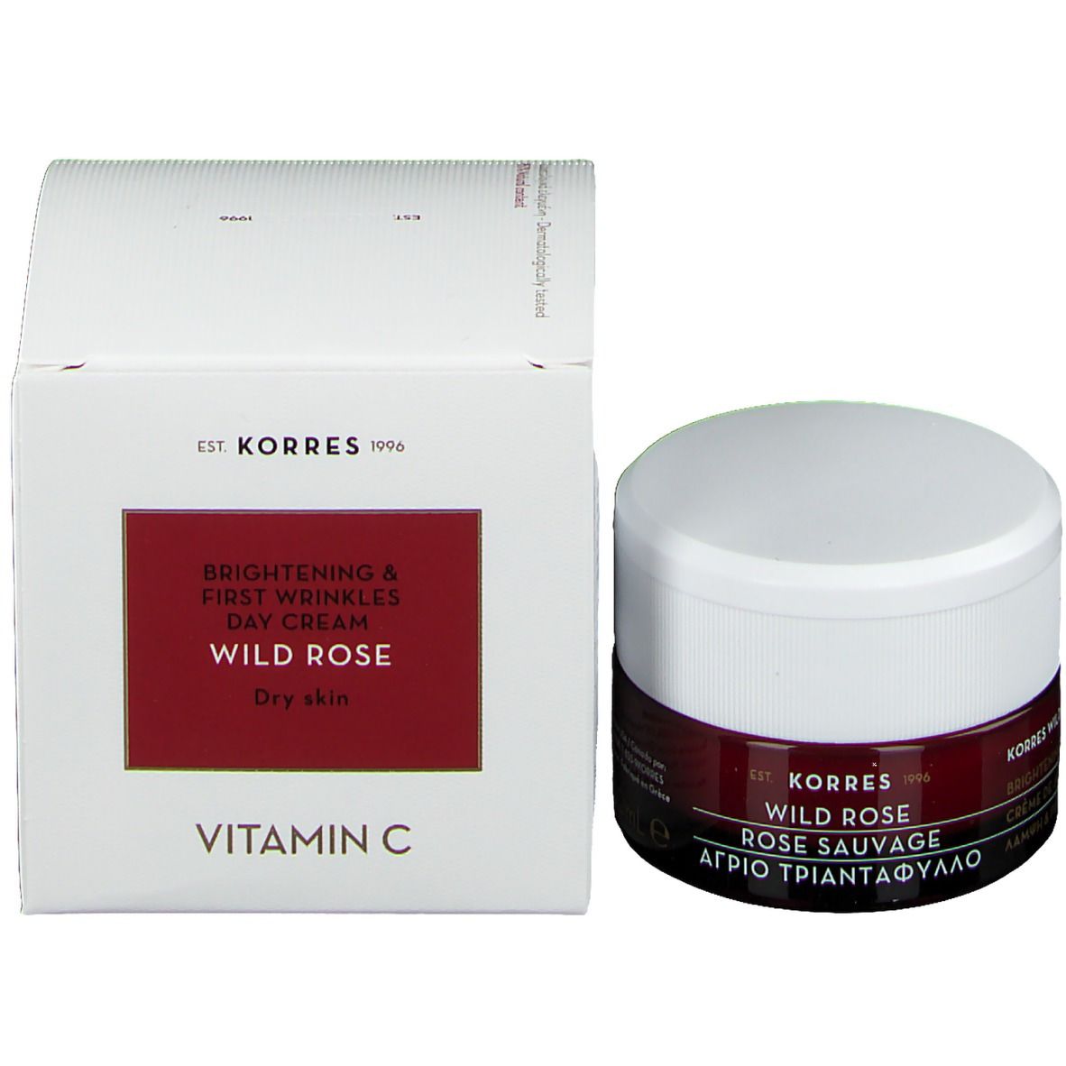 Pot de crème Korres Wild Rose et boîte. Boîte: Brightening & First Wrinkles Day Cream, Wild Rose, Dry skin, Vitamin C.
