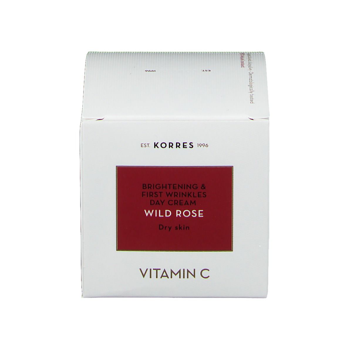 Boîte pour crème Korres Wild Rose. Texte: Brightening & First Wrinkles Day Cream, Wild Rose, Dry skin, Vitamin C.