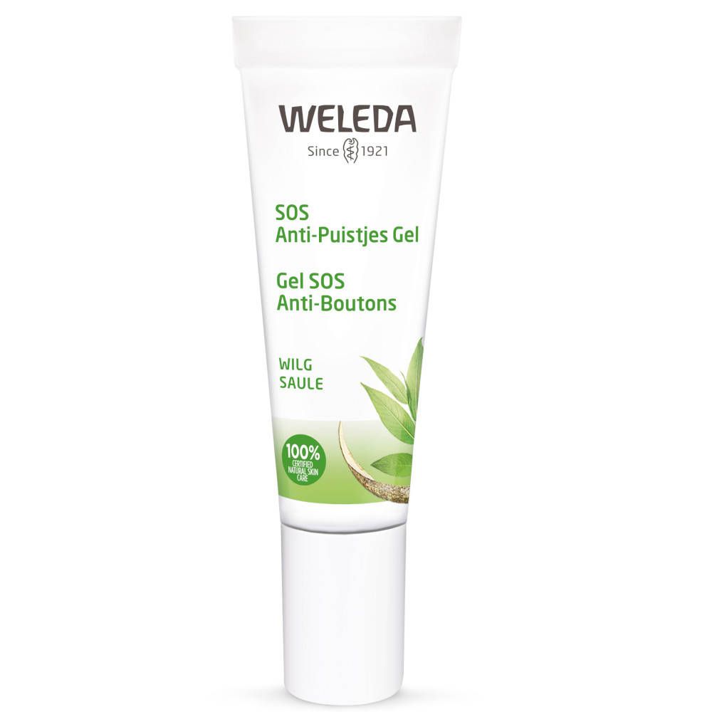 Tube de gel Weleda SOS Anti-Boutons. Blanc, accents verts. Inscriptions : SOS Anti-Pustjes Gel, Gel SOS Anti-Boutons. Logo et certifications.
