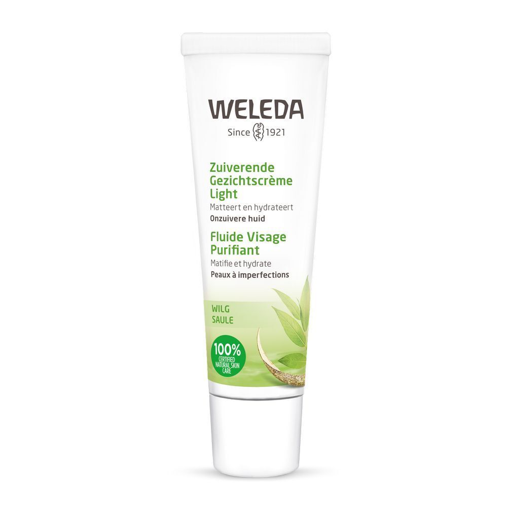 Weleda Tube mit Gesichtscreme. Text: ZUIVERENDE GEZICHTSCRÈME LIGHT. Grün, weiß. 100% natürliche Pflege.