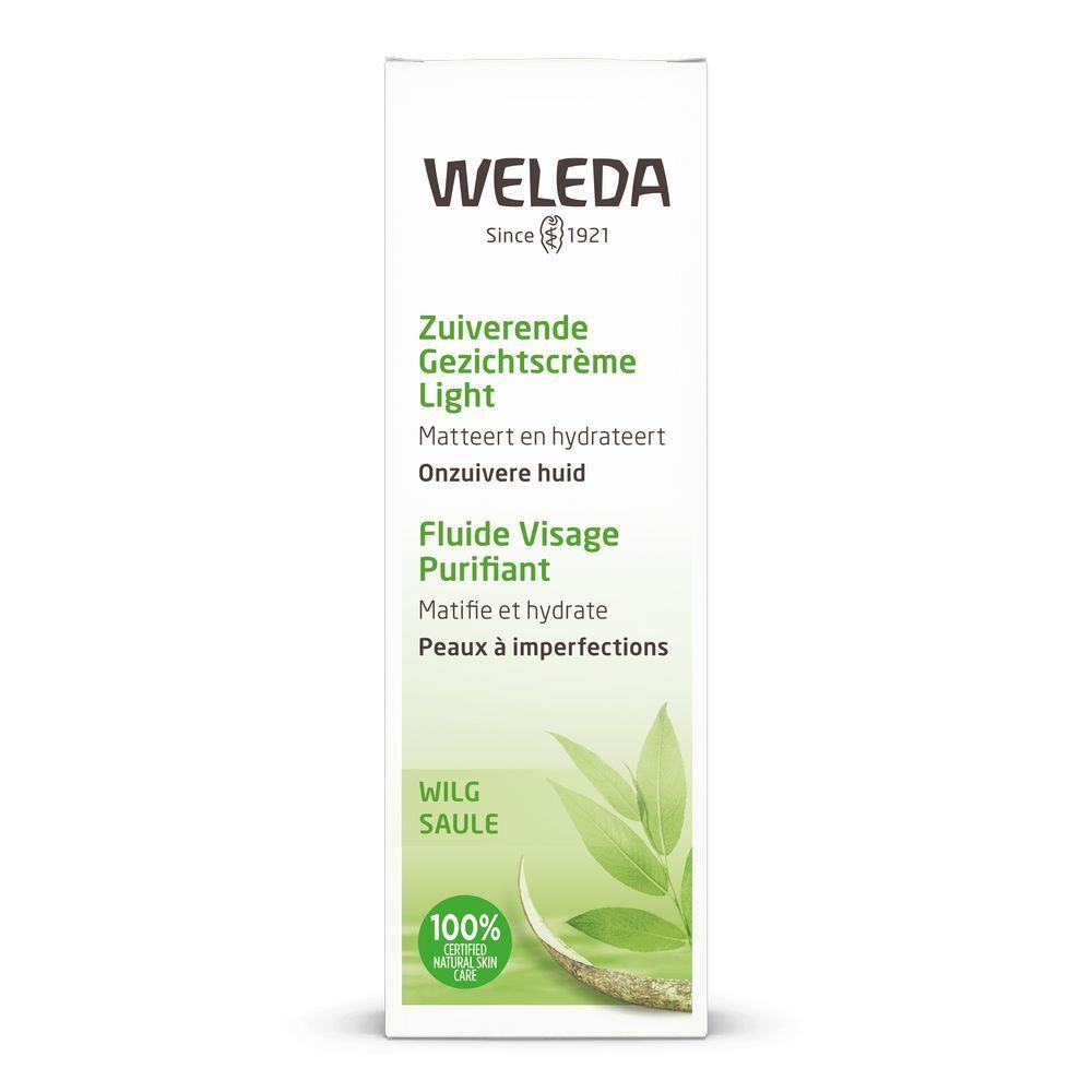 Weleda Kartonverpackung. Text: ZUIVERENDE GEZICHTSCRÈME LIGHT. Grün, weiß. 100% natürliche Pflege.