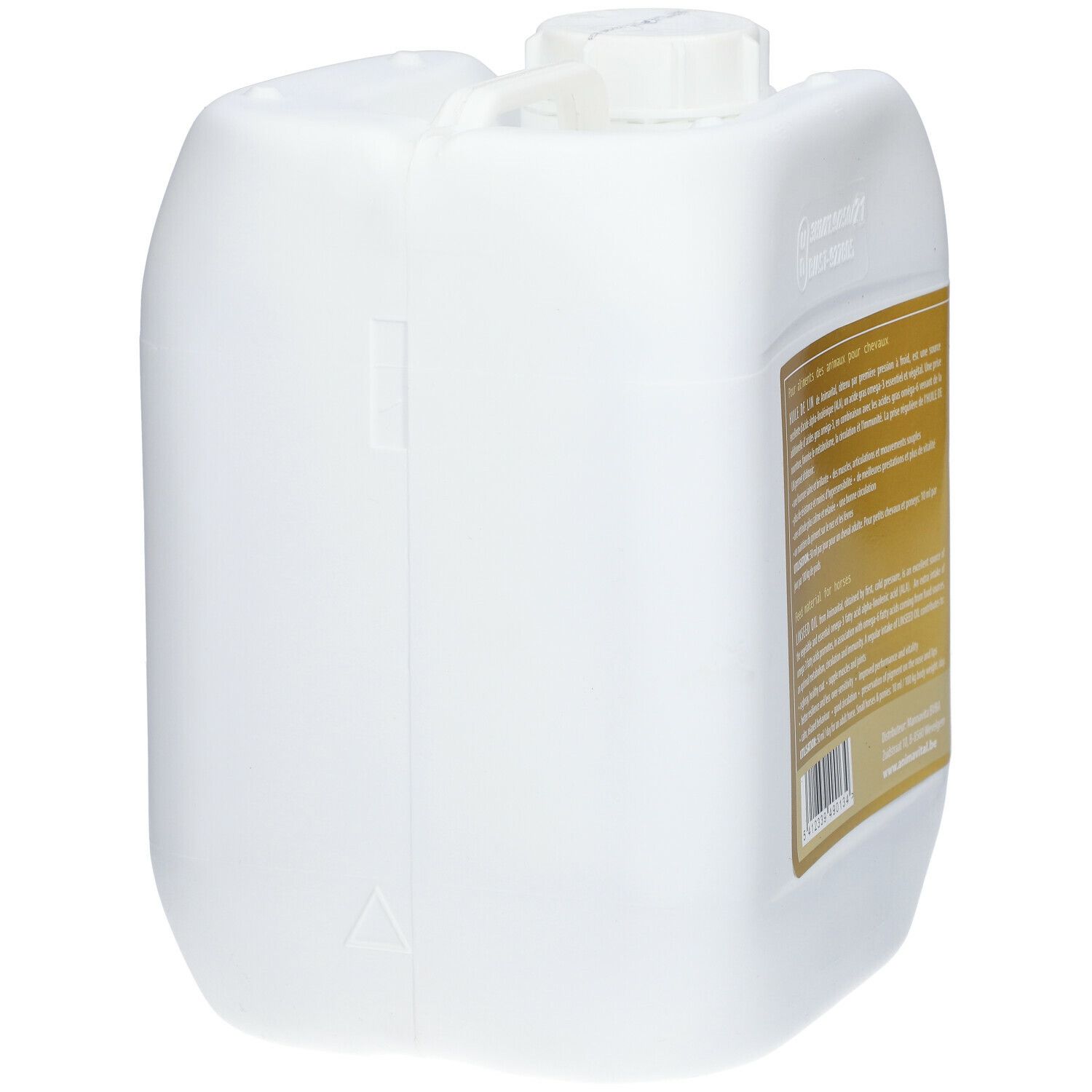 Witte jerrycan, zijaanzicht. Handvat bovenop. Etiket met tekst aan de rechterkant.