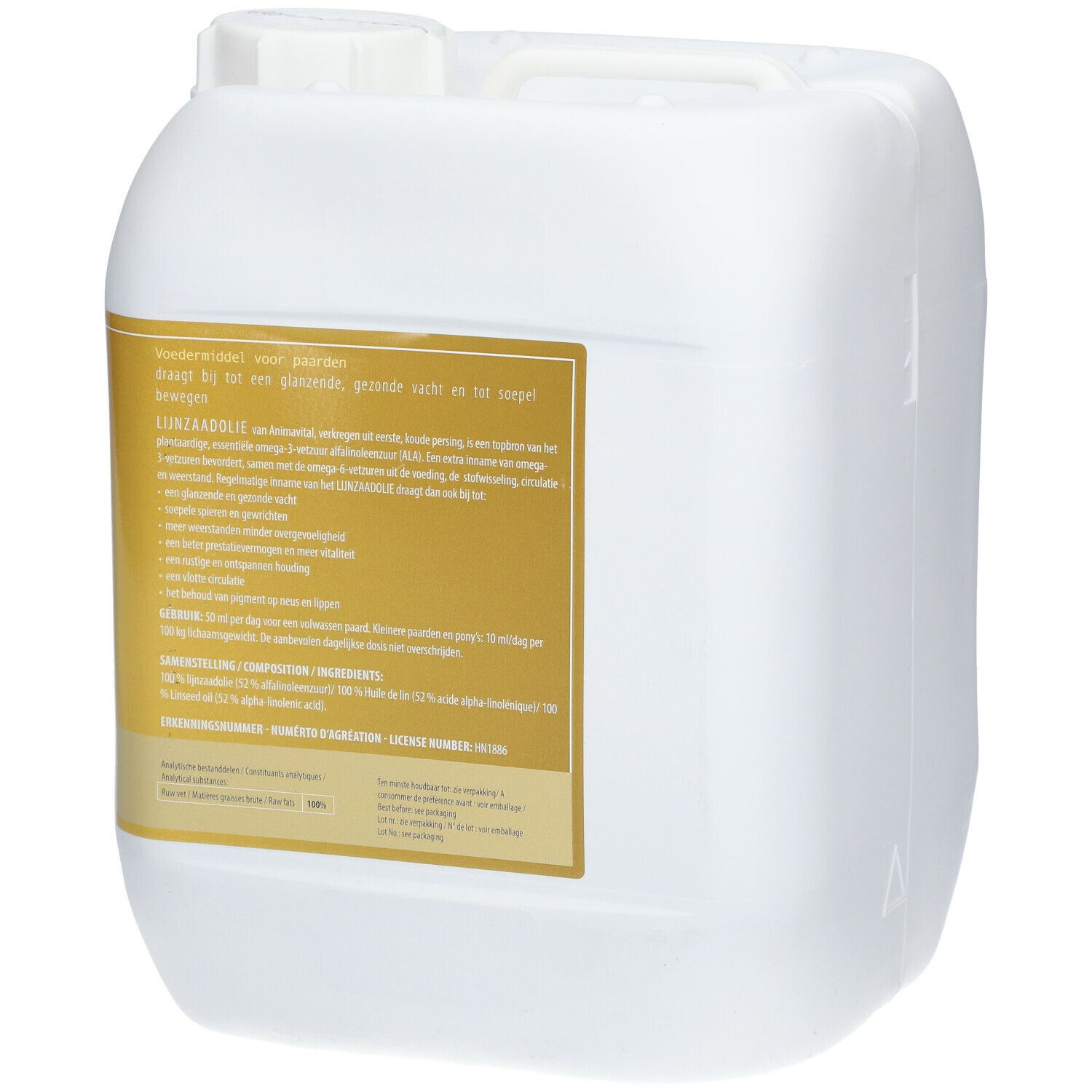 Witte jerrycan met etiket. Tekst in meerdere talen. Anima Vital Lijnzaadolie.