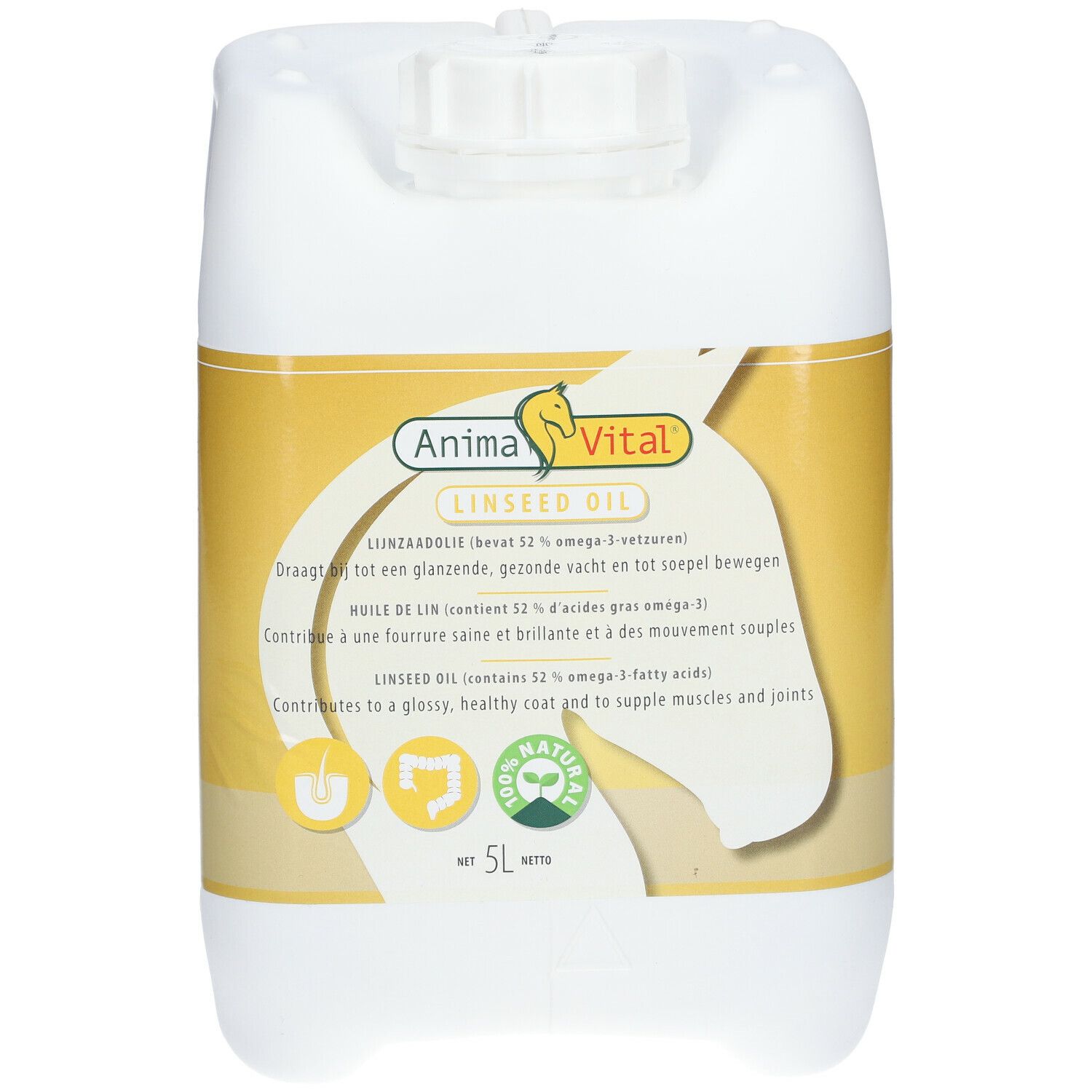 Witte jerrycan met etiket. Opschrift: Anima Vital Lijnzaadolie. Bevat 52% omega-3-vetzuren. 5L.