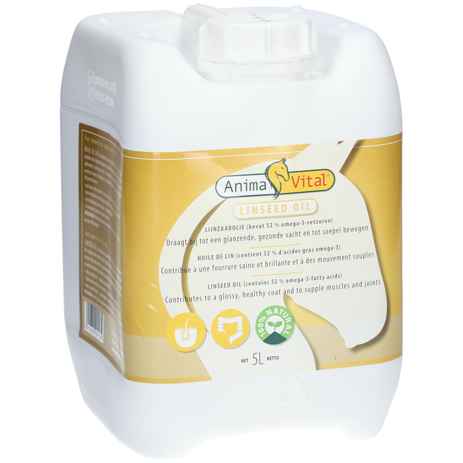 Witte jerrycan met etiket. Opschrift: Anima Vital Lijnzaadolie. Bevat 52% omega-3-vetzuren. 5L.
