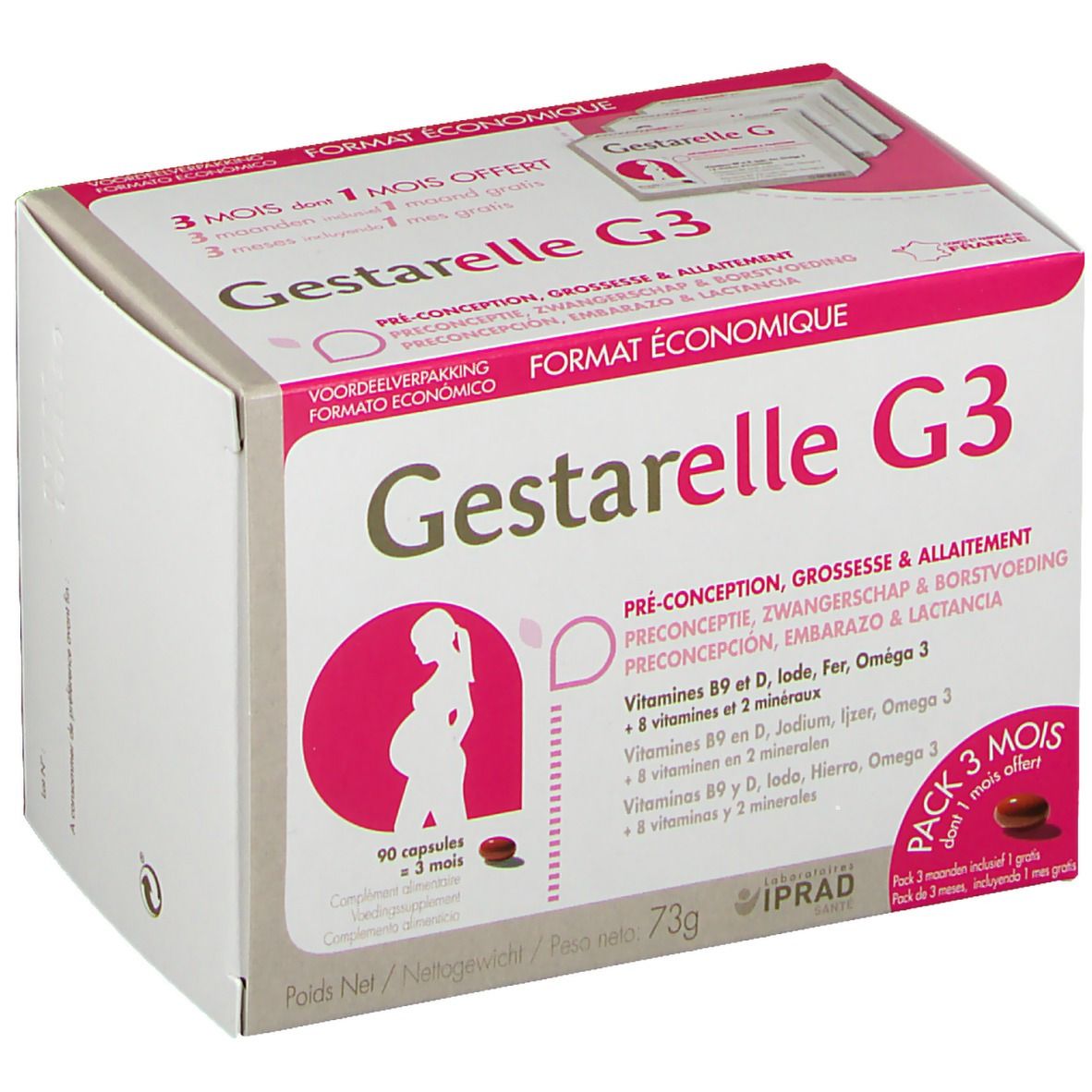 Boîte de Gestarelle G3. Emballage blanc et rose avec nom du produit et informations. Illustration d'une femme enceinte.