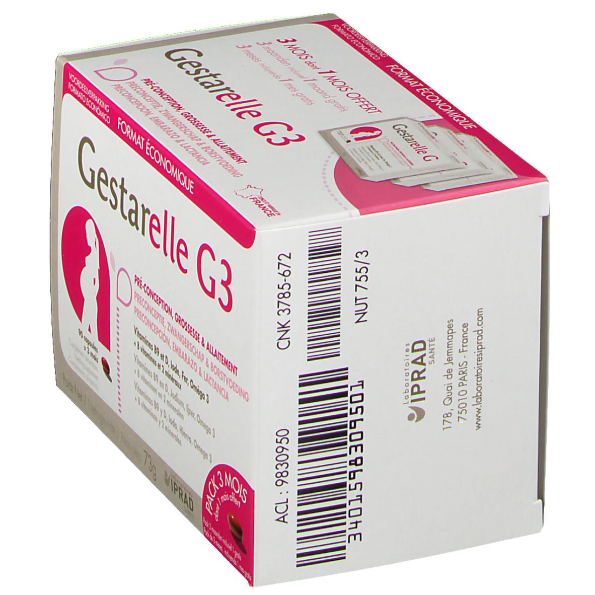 Boîte de Gestarelle G3 en biais. Emballage blanc et rose avec nom du produit et informations. Code-barres et coordonnées.