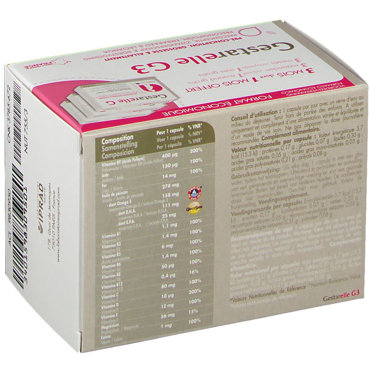 Boîte de Gestarelle G3, dos. Contient des informations nutritionnelles et des ingrédients. Blanc et rose avec nom et logos.