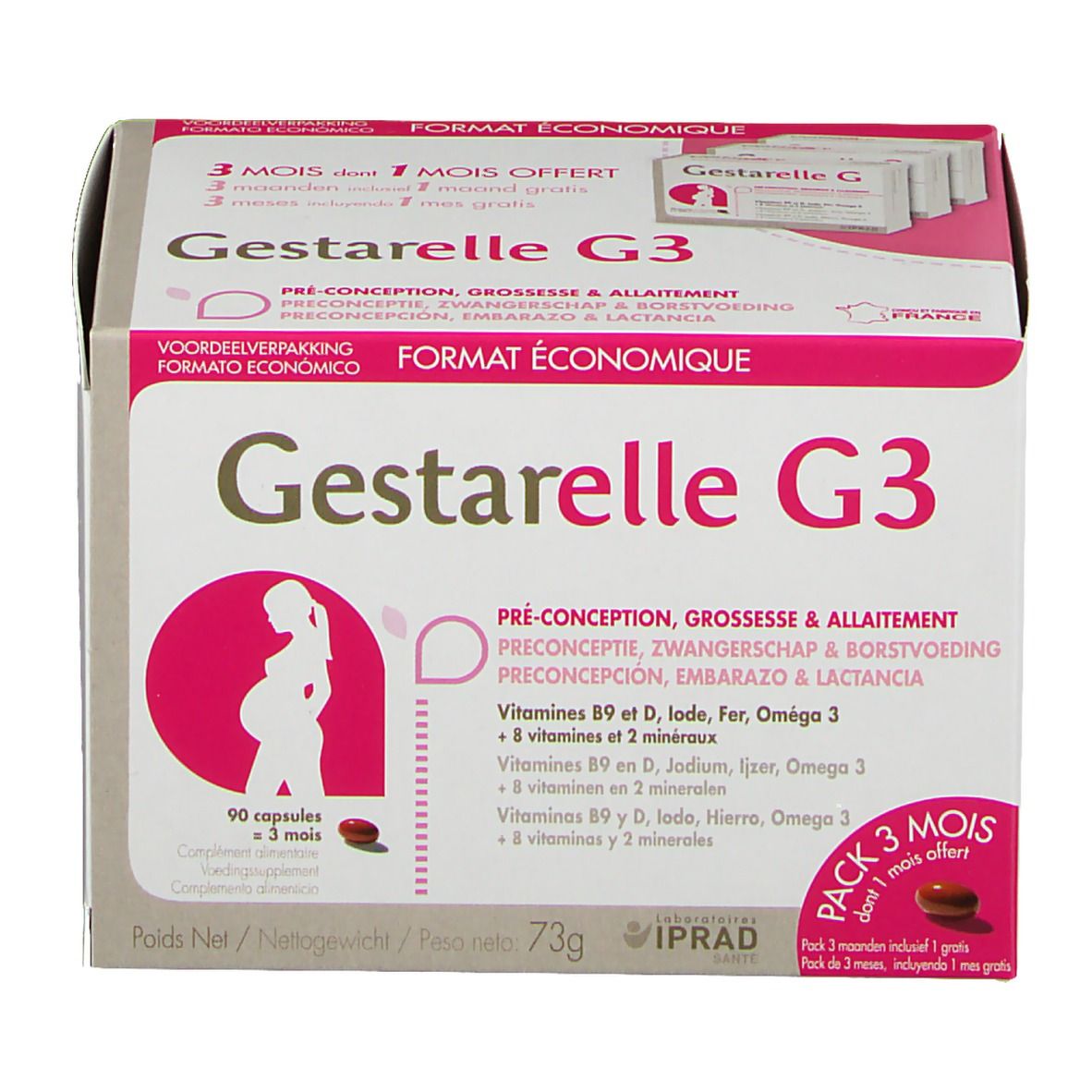 Boîte de Gestarelle G3. Emballage blanc et rose avec nom du produit et informations. Illustration d'une femme enceinte.