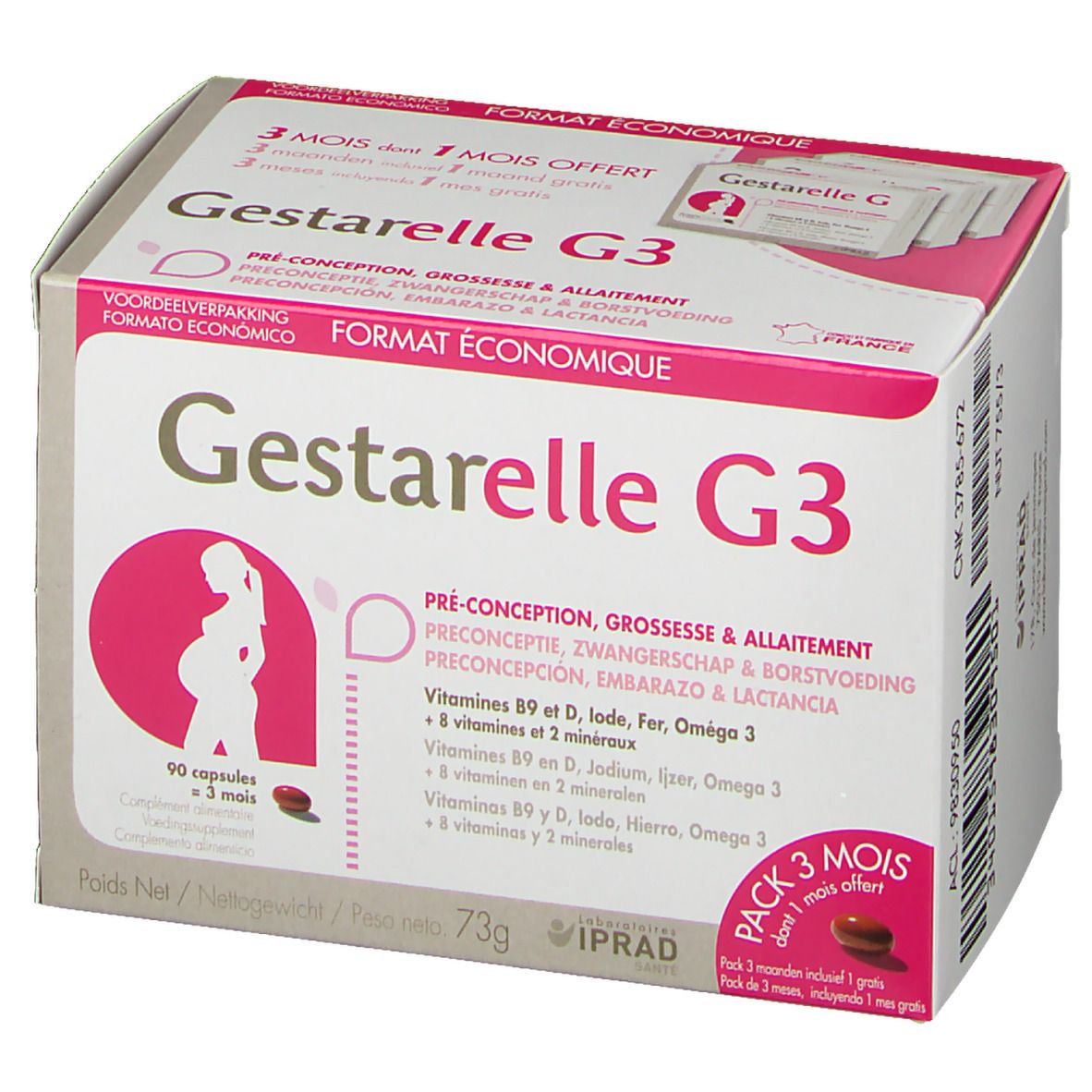 Boîte de Gestarelle G3. Emballage blanc et rose avec nom du produit et informations. Illustration d'une femme enceinte.