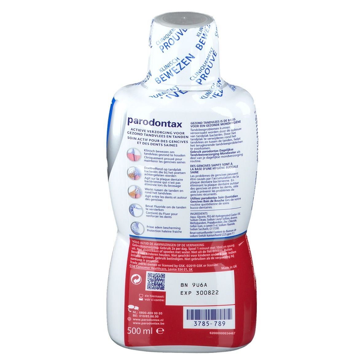 Dos du flacon de bain de bouche. Texte en allemand, néerlandais, français. Contient des informations sur le produit.