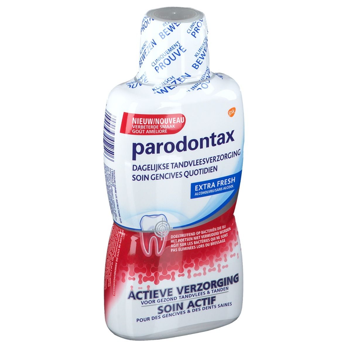 Flacon de bain de bouche blanc, rouge et bleu. Inscription : Parodontax, Extra Frais. Soin actif.