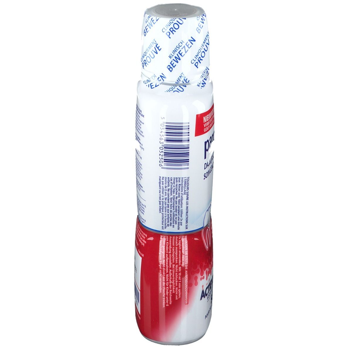 Flacon de bain de bouche blanc, rouge et bleu. Inscription : Parodontax. Code-barres et informations sur le produit.