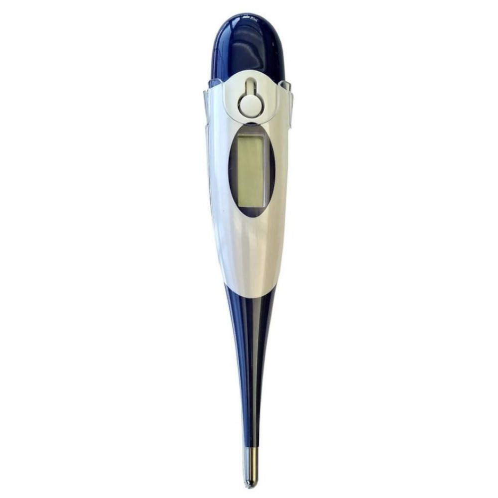 Thermomètre numérique avec manche et pointe bleus, corps blanc et écran. Pointe noire.