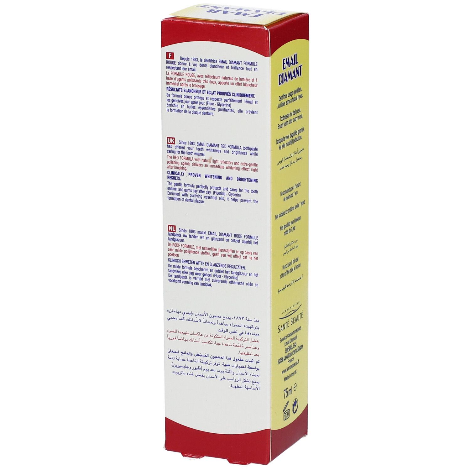 Zahncreme-Verpackung. Text in mehreren Sprachen. Email Diamant, rote Formel. 75ml. Für weißere Zähne.