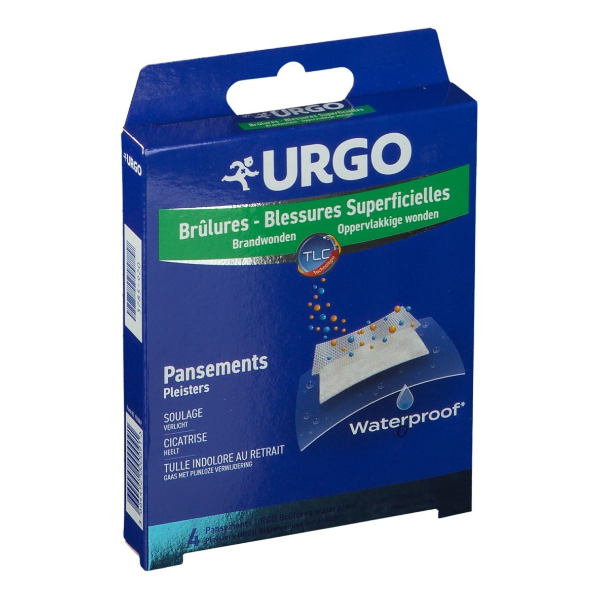 Boîte bleue avec texte URGO, Brûlures - Blessures Superficielles, et illustration de pansements. Waterproof.