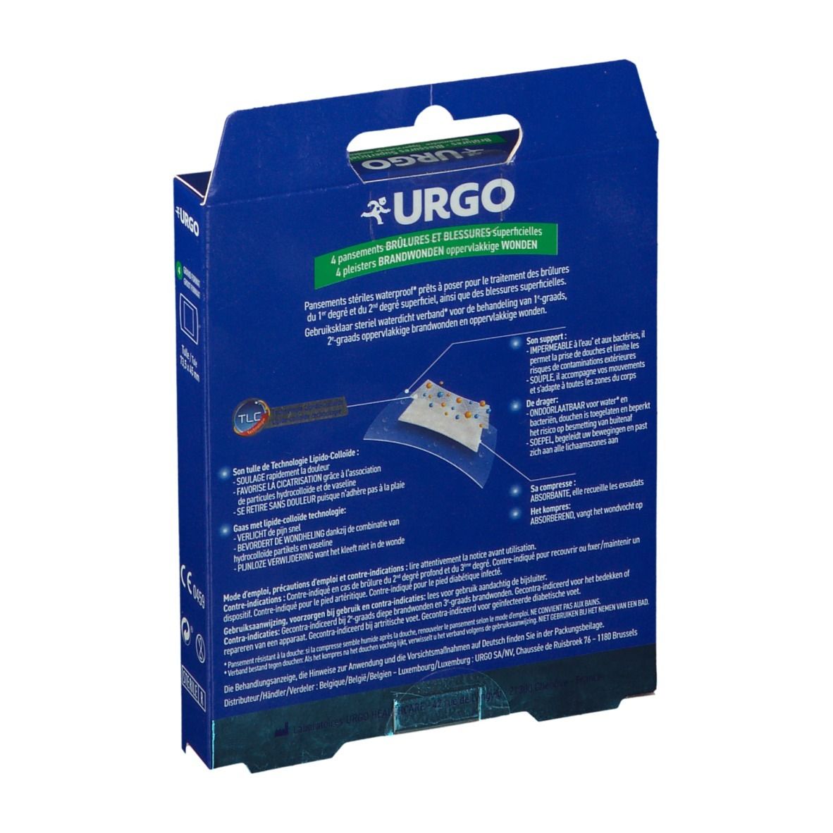 Dos de la boîte bleue. Texte URGO, Brûlures - Blessures Superficielles. Informations produit et schémas.