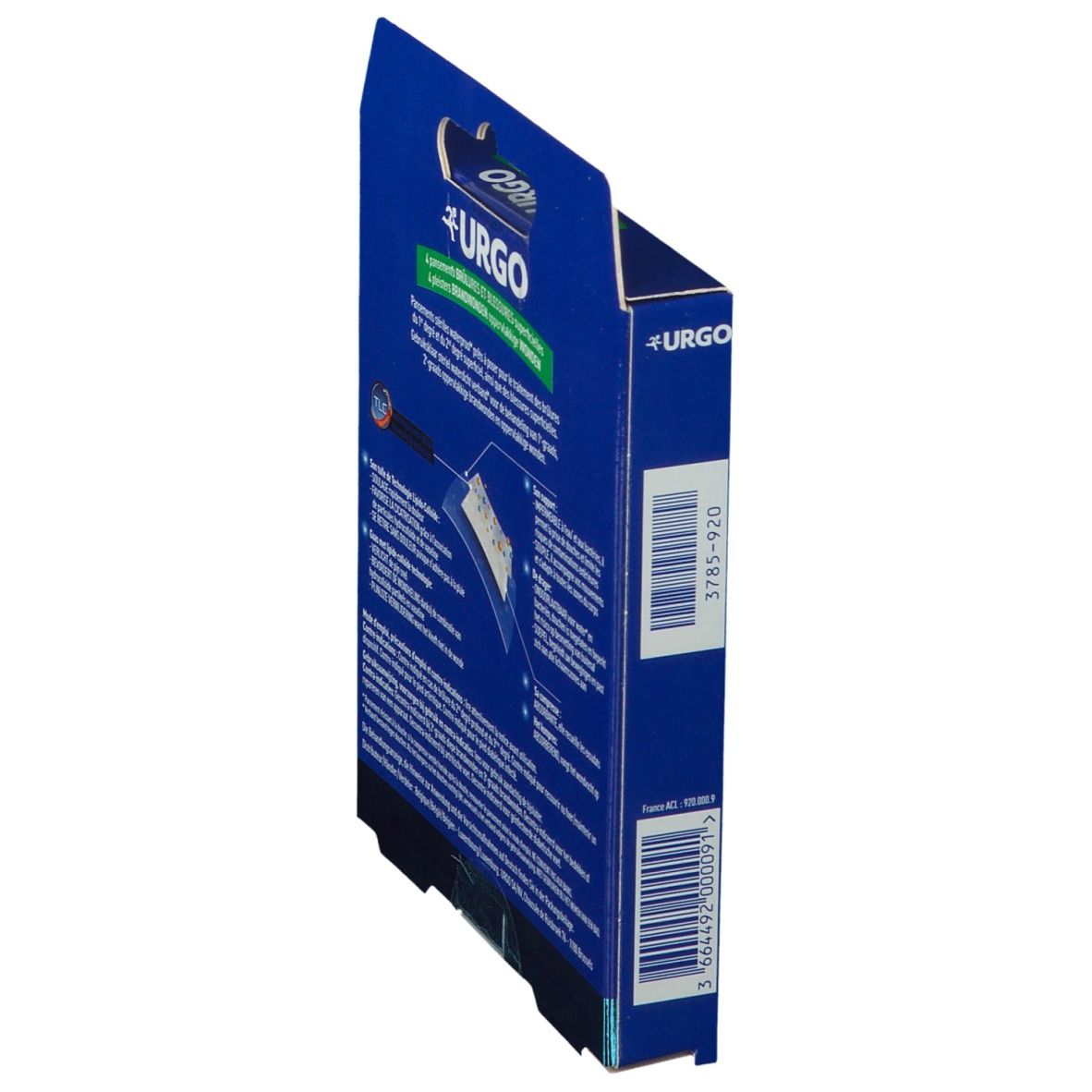 Vue latérale boîte bleue. Logo URGO et texte. Code-barres et numéro de produit.