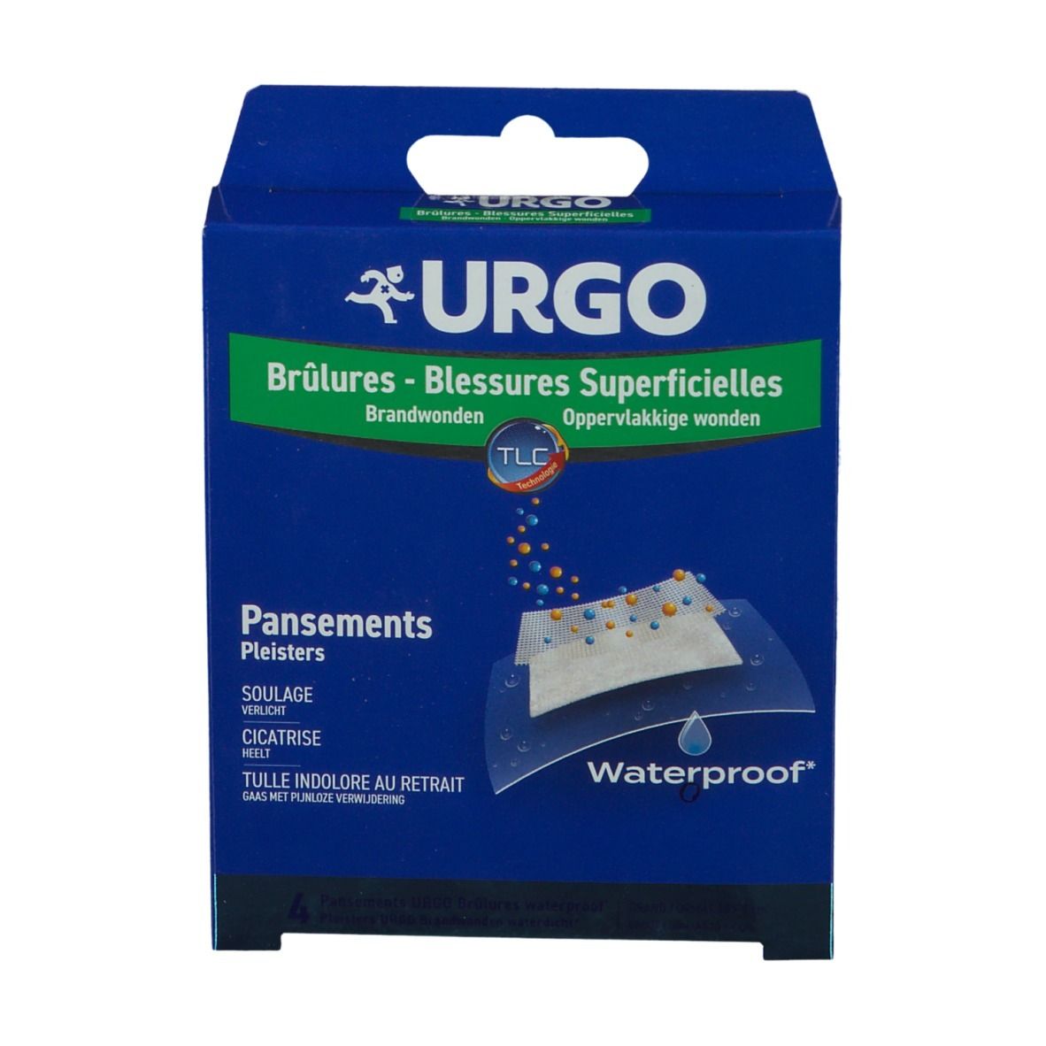 Boîte bleue avec logo URGO et texte: Brûlures - Blessures Superficielles. Illustration pansements. Waterproof.