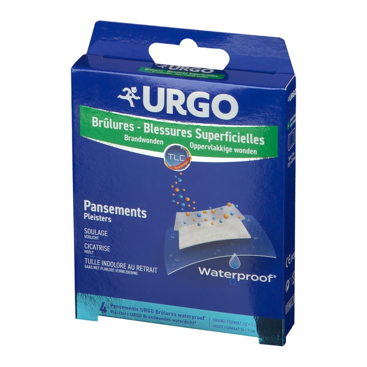 Boîte bleue avec logo URGO et texte: Brûlures - Blessures Superficielles. 4 pansements. Waterproof.