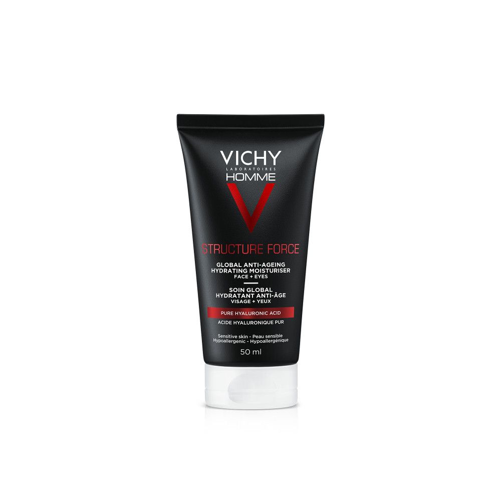 Zwarte tube, witte dop. Vichy Homme, Structure Force. Tekst.
