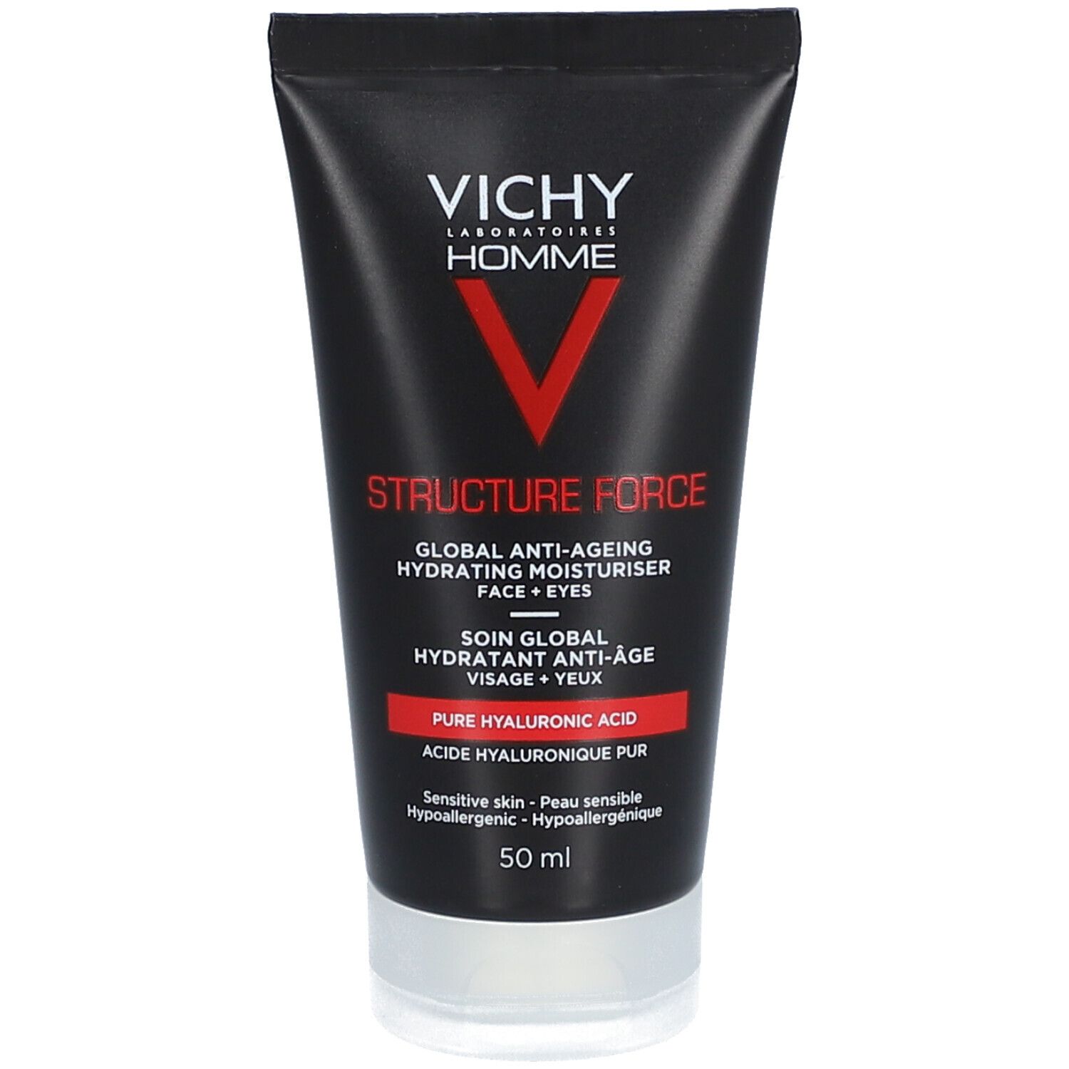 Creme-Tube, schwarz, weißer Deckel. Vichy Homme, Structure Force. Text. 50 ml.