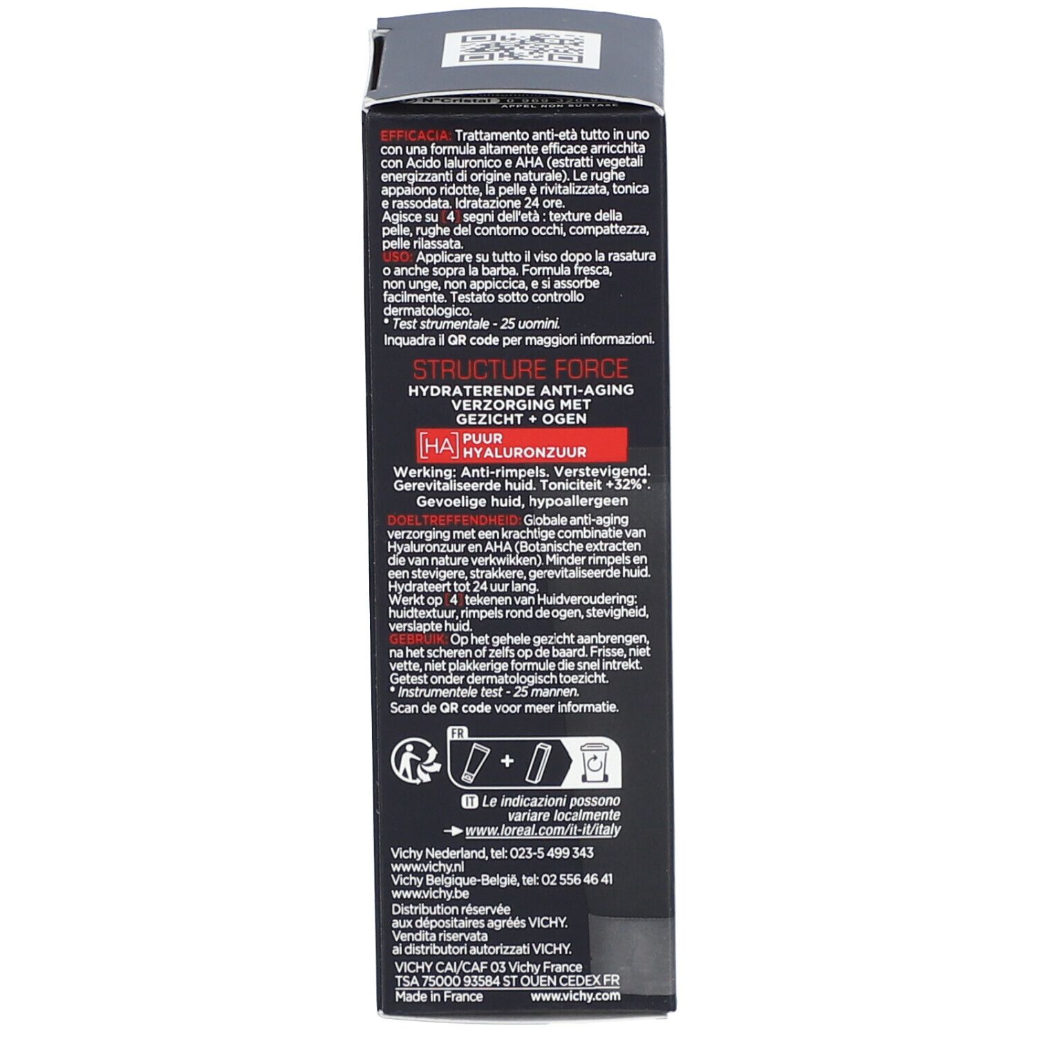 Tube, schwarz, weißer Deckel. Vichy Homme, Structure Force. Text. 50 ml.