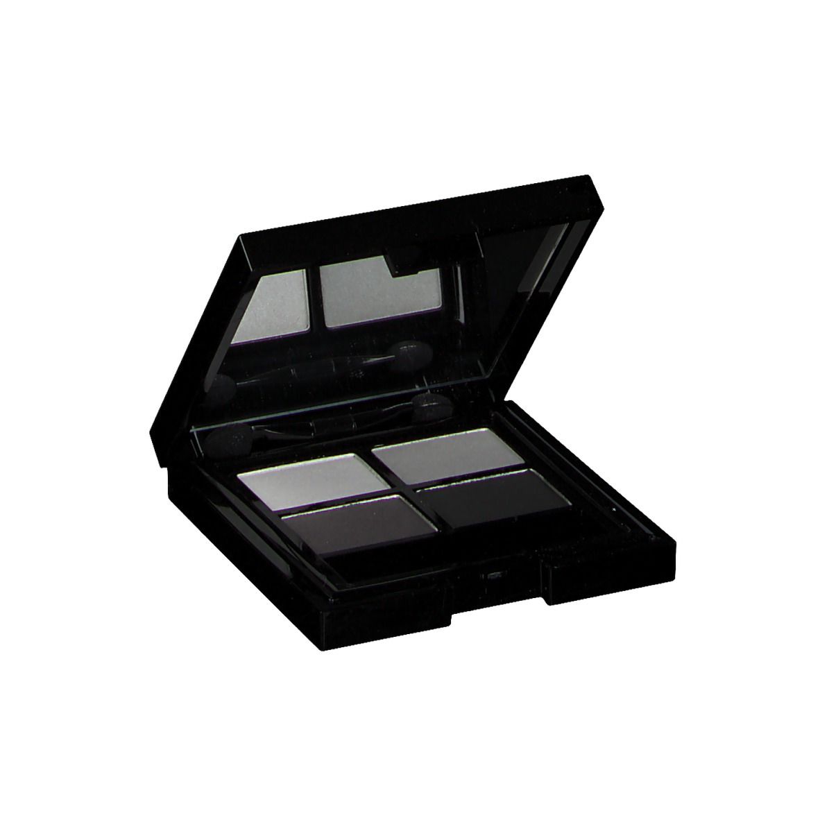 Zwarte oogschaduw palette. Vier tinten: lichtgrijs, grijs en zwart. Met spiegel en applicator.