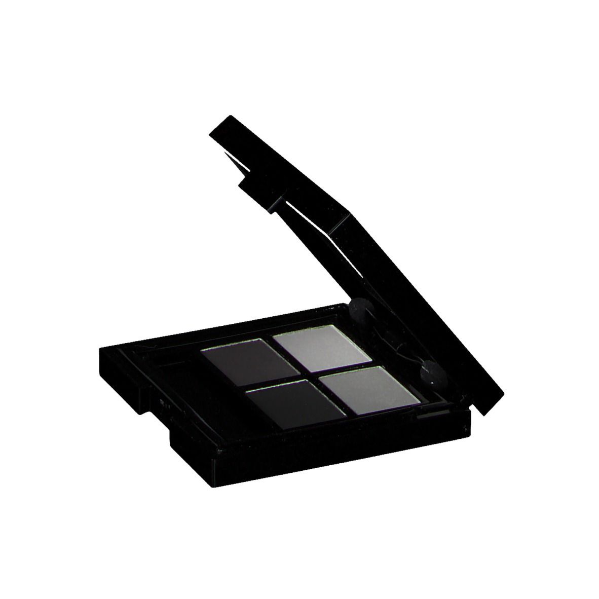 Zwarte oogschaduw palette met vier tinten: lichtgrijs, grijs en zwart. Deksel open.