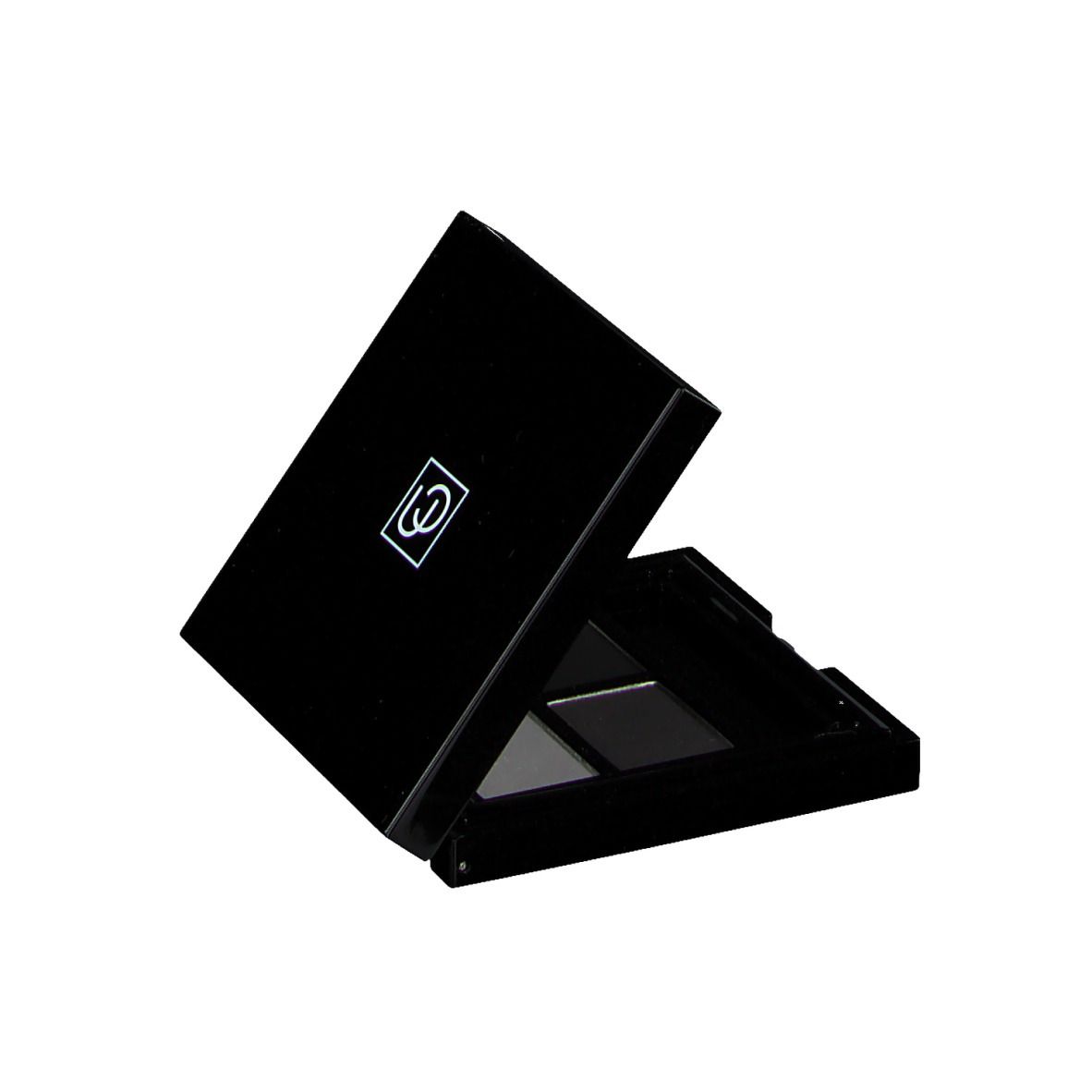 Zwarte oogschaduw palette met logo op deksel. Vier tinten zichtbaar.