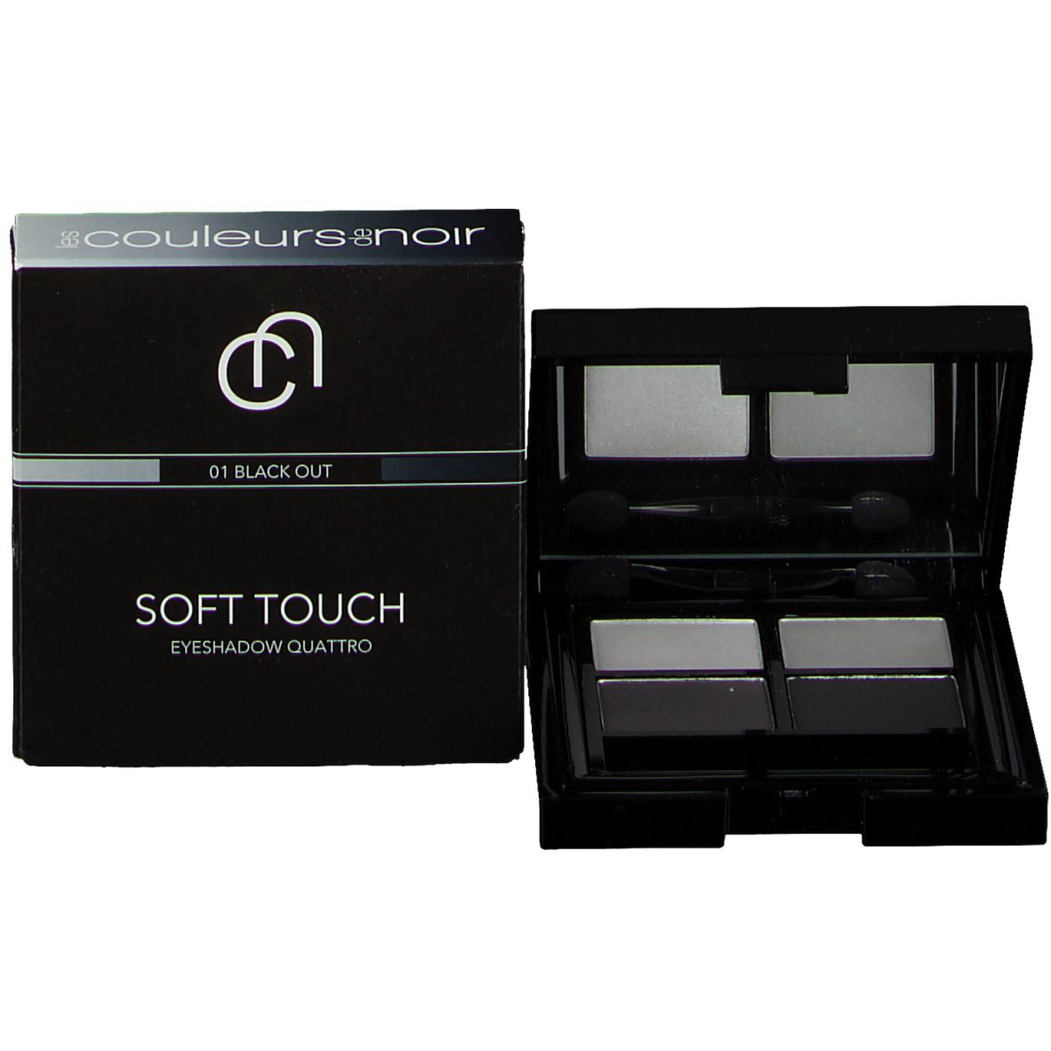 Oogschaduw palette en verpakking. Zwarte palette met vier tinten. Verpakking met productnaam.