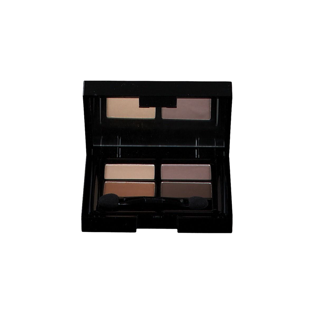 Palette de fards à paupières Quattro avec quatre teintes et miroir. Boîtier noir avec applicateurs.