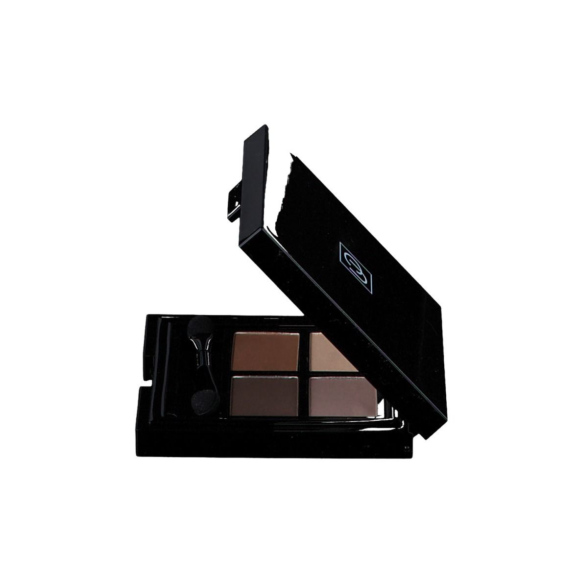 Palette de fards à paupières Quattro ouverte avec quatre teintes. Boîtier noir avec applicateurs.