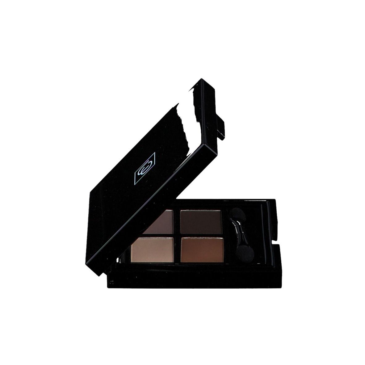 Palette de fards à paupières Quattro ouverte avec quatre teintes. Boîtier noir avec applicateurs.
