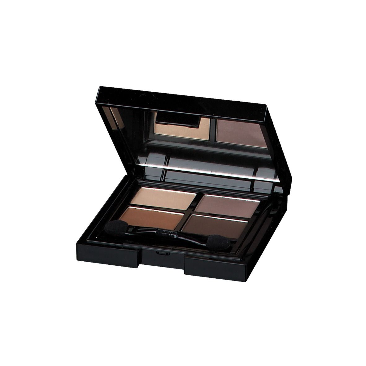 Palette de fards à paupières Quattro avec quatre teintes et miroir. Boîtier noir avec applicateurs.