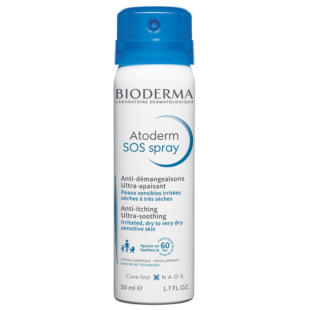 Spray BIODERMA Atoderm SOS. Flacon blanc avec bouchon bleu. Nom du produit et texte sur le devant.