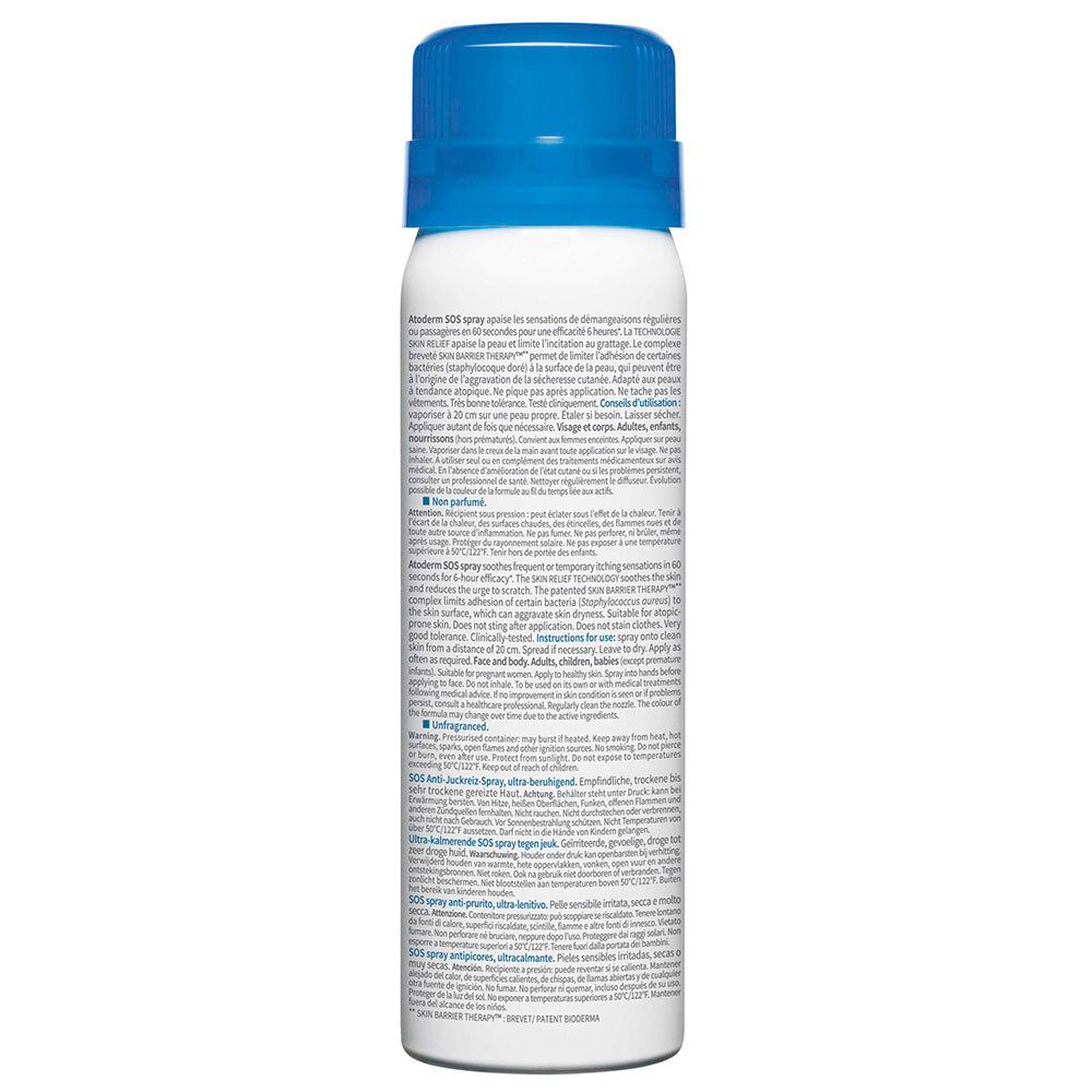 Dos du flacon de spray BIODERMA Atoderm SOS. Texte en plusieurs langues. Contient des informations sur le produit.