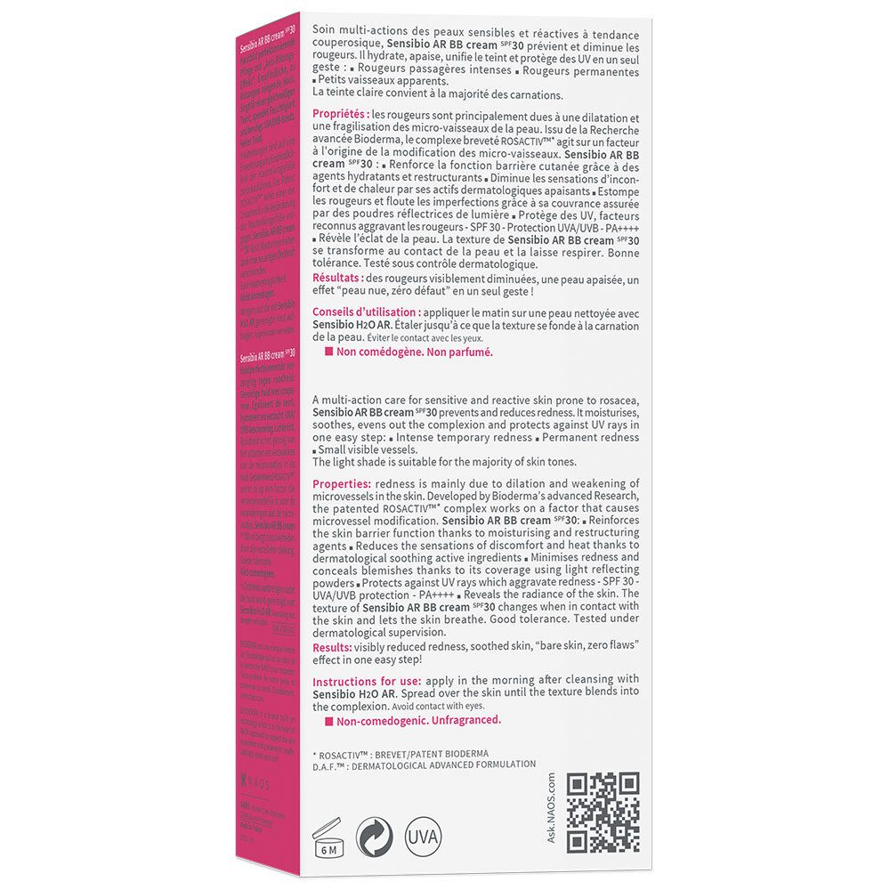 Dos de l'emballage. Texte en allemand, français, anglais. Informations d'utilisation et ingrédients.