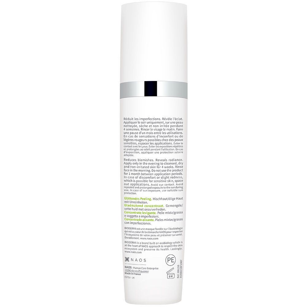 Dos du flacon BIODERMA Sébium Night Peel. Texte multilingue. Flacon blanc avec bague argentée.