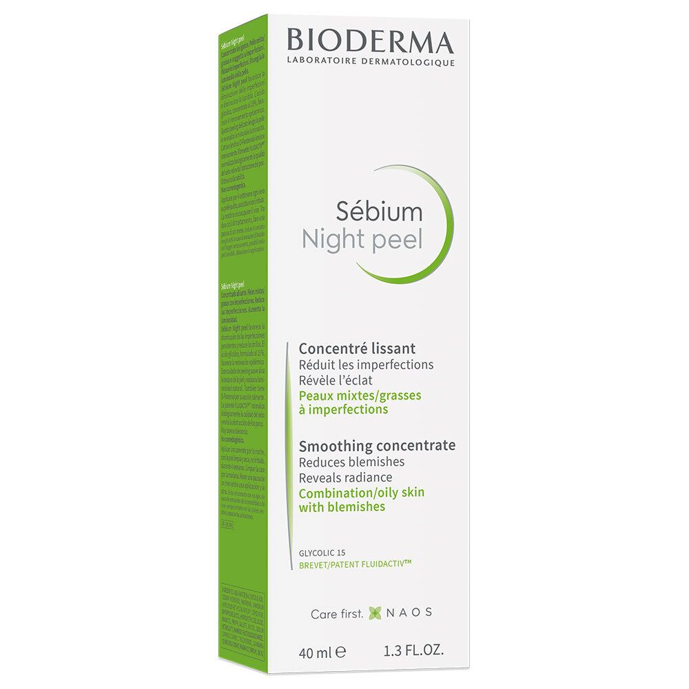 Emballage BIODERMA Sébium Night Peel. Blanc avec accents verts. Nom du produit et texte.