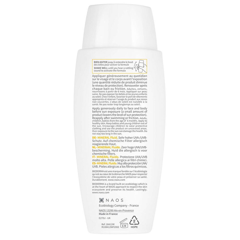Dos du flacon BIODERMA Photoderm MINERAL Fluide SPF50+. Texte et instructions multilingues.