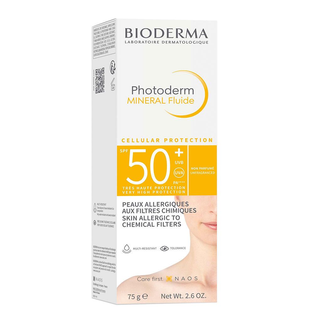 BIODERMA Photoderm MINERAL Fluide SPF50+ en emballage. Boîte avec image du produit et texte.