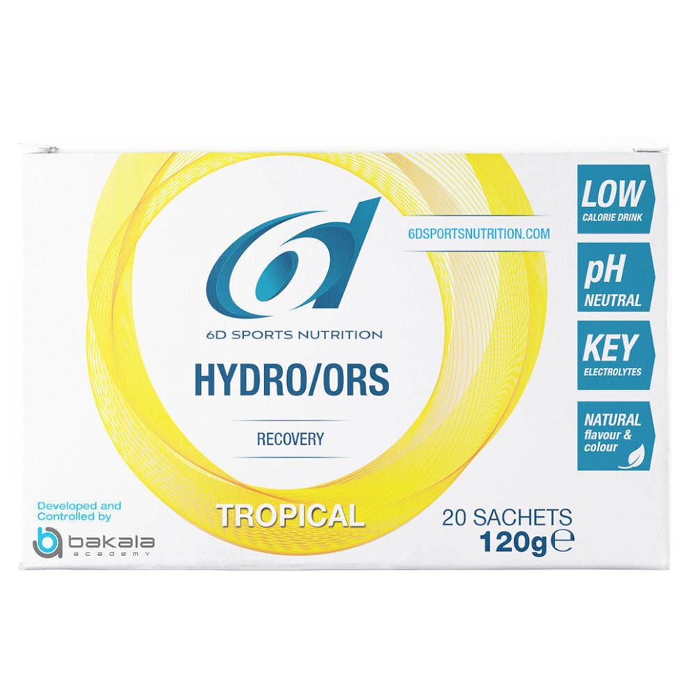 Karton mit 20 Beuteln Hydro/ORS. Gelbes Design mit Logo und Text. Enthält 120g.