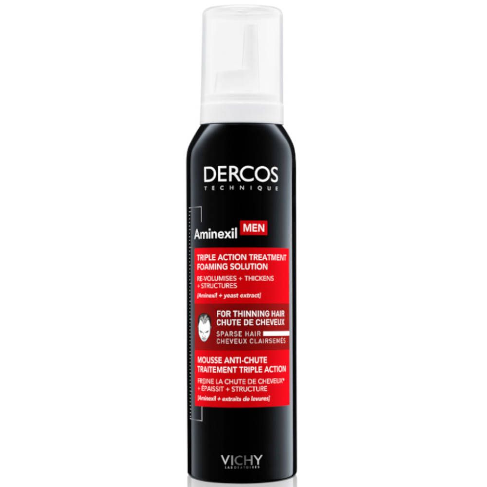 Flacon noir avec tête de pulvérisation blanche. Inscriptions: Dercos, Aminexil MEN, Triple Action, contre la chute des cheveux. Logo Vichy.