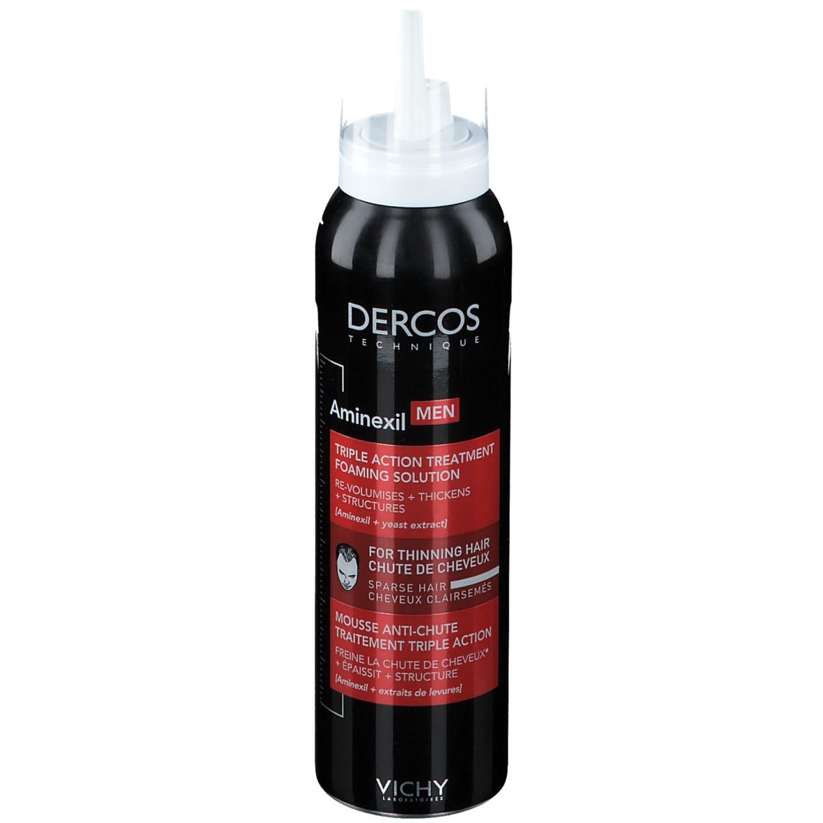 Flacon noir avec tête de pulvérisation blanche. Inscriptions: Dercos, Aminexil MEN, Triple Action, contre la chute des cheveux. Logo Vichy.