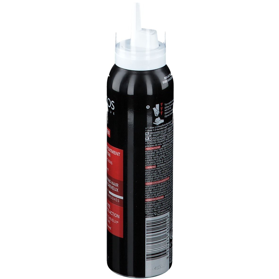 Flacon noir avec tête de pulvérisation blanche. Inscriptions: Dercos, Aminexil MEN, Triple Action, contre la chute des cheveux. Logo Vichy.